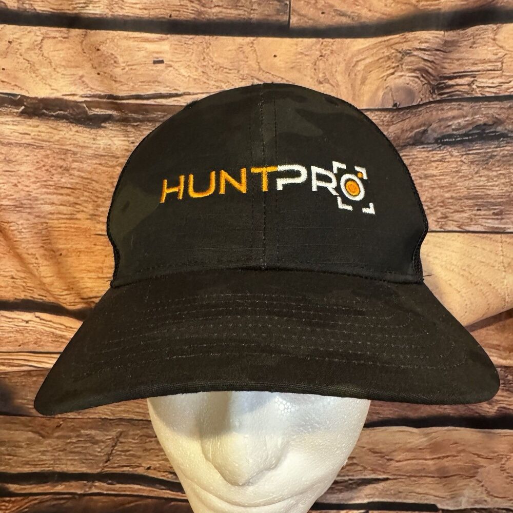 HUNTPRO AI Wildlife Management Hunting Cap Hat Black Orange Logo SnapBack Mesh
